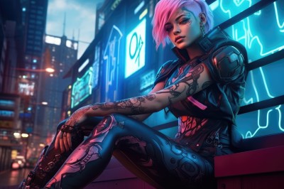 1girl,solo,breasts,looking at viewer,short hair,blue eyes,gloves,jewelry,medium breasts,sitting,jacket,pink hair,multicolored hair,earrings,outdoors,parted lips,one eye closed,pants,fingerless gloves,blurry,lips,bodysuit,tattoo,makeup,night,piercing,ear piercing,cropped jacket,city,arm tattoo,undercut,facial tattoo,cyberpunk,neon lights,closed eyes,white hair,blurry background,eyeshadow,nose,cityscape,city lights