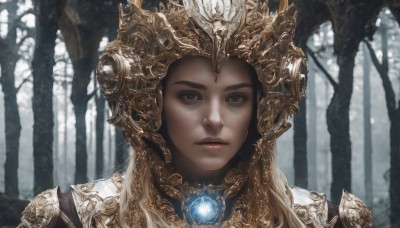 1girl,solo,long hair,looking at viewer,blue eyes,blonde hair,brown hair,closed mouth,outdoors,artist name,armor,blurry,tree,lips,grey eyes,blurry background,helmet,shoulder armor,gem,portrait,nature,forest,freckles,pauldrons,realistic,nose,fantasy,straight-on,black hair,parted lips,black eyes,eyelashes,close-up,gold trim