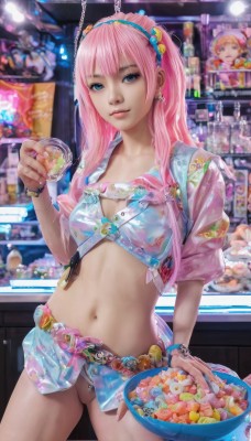 1girl,solo,long hair,breasts,looking at viewer,smile,blue eyes,skirt,hair ornament,navel,holding,jewelry,medium breasts,underwear,pink hair,hairband,earrings,food,pussy,midriff,nail polish,bracelet,cup,lips,crop top,see-through,candy,realistic,large breasts,cleavage,closed mouth,standing,heart,cowboy shot,belt,uncensored,no panties,piercing,ring,contrapposto,microskirt,navel piercing