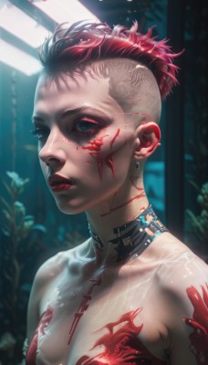 1girl,solo,breasts,looking at viewer,short hair,blue eyes,cleavage,jewelry,medium breasts,upper body,red hair,multicolored hair,earrings,choker,blurry,two-tone hair,lips,blood,tattoo,makeup,scar,piercing,lipstick,ear piercing,eyeshadow,blood on face,realistic,nose,red lips,very short hair,undercut,neck tattoo,collarbone,pink hair,nude,eyelashes,portrait,asymmetrical hair,eyeliner,cyborg,cyberpunk