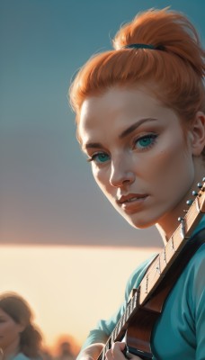 1girl,solo,long hair,looking at viewer,blue eyes,multiple girls,brown hair,shirt,holding,2girls,jewelry,green eyes,upper body,ponytail,earrings,parted lips,solo focus,orange hair,mole,blurry,aqua eyes,lips,eyelashes,mole under eye,blurry background,blue shirt,instrument,freckles,realistic,nose,music,guitar,playing instrument,holding instrument,hair pulled back,teeth,necklace,piercing,sunlight,close-up,backlighting