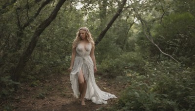 1girl,solo,long hair,breasts,looking at viewer,blonde hair,dress,cleavage,bare shoulders,medium breasts,closed mouth,standing,full body,outdoors,barefoot,sleeveless,white dress,tree,nature,scenery,forest,walking,realistic,arms at sides,blue eyes,large breasts,pointy ears,lips,sunlight,elf,breasts apart,curly hair,dirty,dirty feet