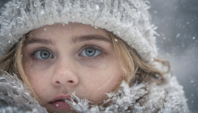 1girl, solo, looking at viewer, blue eyes, blonde hair, hat, lips, grey eyes, eyelashes, portrait, snow, close-up, snowing, realistic, nose