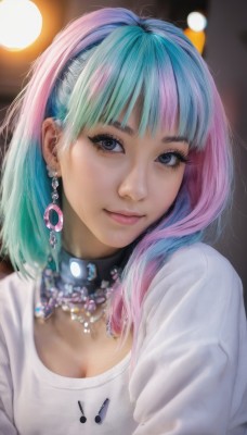 1girl,solo,long hair,breasts,looking at viewer,smile,bangs,blue eyes,shirt,cleavage,jewelry,medium breasts,closed mouth,blue hair,white shirt,upper body,pink hair,multicolored hair,earrings,choker,medium hair,necklace,blurry,collar,two-tone hair,lips,streaked hair,grey eyes,eyelashes,aqua hair,makeup,depth of field,blurry background,piercing,eyeshadow,hoop earrings,pink lips,realistic,nose,mascara,short hair,green hair,artist name,blunt bangs,head tilt,lipstick,bokeh