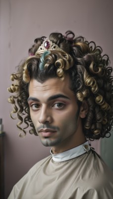 solo,looking at viewer,blonde hair,brown hair,shirt,black hair,1boy,brown eyes,closed mouth,white shirt,upper body,male focus,dark skin,blurry,black eyes,lips,blurry background,facial hair,dark-skinned male,crown,portrait,beard,curly hair,realistic,nose,mustache,dreadlocks,afro,hair ornament,tiara