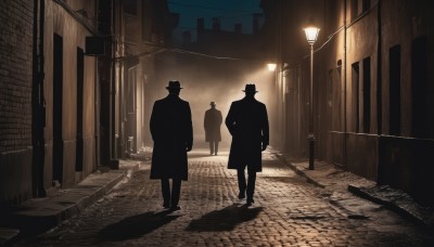 hat,standing,monochrome,male focus,outdoors,multiple boys,2boys,from behind,coat,night,shadow,building,scenery,walking,city,silhouette,light,road,dark,multiple others,lamppost,long coat,street,trench coat,alley,kujo jotaro,sky,3boys,wide shot