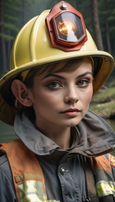 1girl,solo,looking at viewer,short hair,brown hair,shirt,hat,brown eyes,closed mouth,jacket,upper body,outdoors,blurry,vest,lips,blurry background,helmet,portrait,nature,forest,zipper,freckles,realistic,nose,overalls,yellow headwear,robot,science fiction,dirty