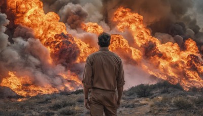 solo,short hair,shirt,black hair,long sleeves,1boy,standing,jacket,male focus,outdoors,pants,from behind,grass,fire,sleeves rolled up,smoke,brown jacket,arms at sides,facing away,brown pants,explosion,burning,white shirt,sky,cloud,cloudy sky,scenery,rock