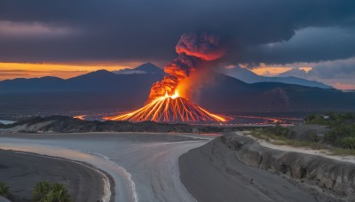 outdoors,sky,cloud,water,tree,no humans,cloudy sky,grass,fire,nature,scenery,forest,smoke,sunset,rock,mountain,horizon,road,river,landscape,mountainous horizon,burning,molten rock,night,ocean,beach,building,city,sand,waves,shore