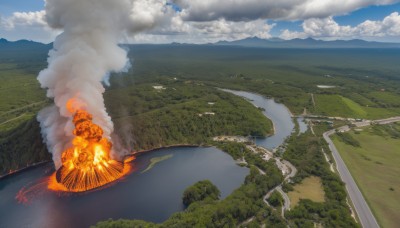 outdoors,sky,day,cloud,water,tree,blue sky,no humans,ocean,cloudy sky,grass,fire,nature,scenery,forest,smoke,mountain,horizon,road,explosion,river,landscape,lake,hill,burning,building,city,cityscape,island