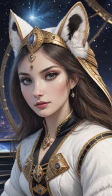 1girl,solo,long hair,breasts,looking at viewer,brown hair,animal ears,brown eyes,jewelry,closed mouth,upper body,earrings,sky,artist name,necklace,lips,animal ear fluff,grey eyes,fur trim,fox ears,eyelashes,makeup,tiara,crown,lipstick,gem,portrait,star (sky),eyeshadow,starry sky,freckles,realistic,nose,red lips,blush