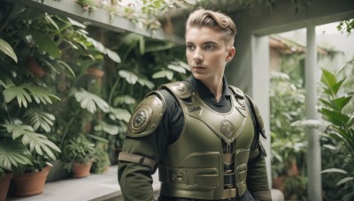 solo,short hair,blue eyes,blonde hair,long sleeves,1boy,upper body,male focus,belt,armor,uniform,vest,lips,looking to the side,plant,realistic,potted plant,1girl,leaf,science fiction,undercut,bulletproof vest