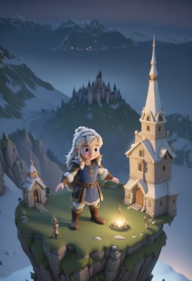 1girl,solo,long hair,smile,blue eyes,blonde hair,standing,braid,flower,white hair,boots,outdoors,sky,armor,twin braids,tree,night,brown footwear,grass,night sky,scenery,snow,lantern,mountain,house,castle,gloves,chibi,fur trim,glowing