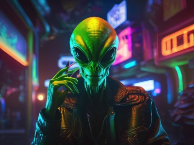 solo,looking at viewer,1boy,holding,jacket,upper body,male focus,open clothes,hand up,blurry,open jacket,mask,night,blurry background,colored skin,science fiction,cigarette,smoking,green skin,leather,alien,holding cigarette,leather jacket,cyberpunk,neon lights,black jacket,depth of field,facing viewer,city,city lights