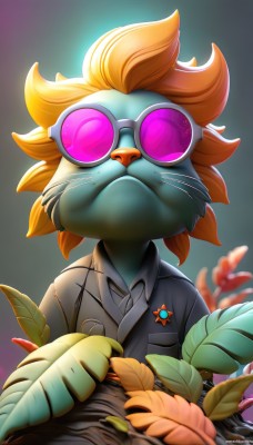 solo,looking at viewer,short hair,bangs,shirt,1boy,jewelry,closed mouth,jacket,upper body,male focus,glasses,collared shirt,artist name,grey background,orange hair,blurry,gradient,gradient background,blurry background,glowing,animal,leaf,formal,sunglasses,plant,goggles,grey shirt,furry,freckles,grey jacket,round eyewear,furry male,tinted eyewear,badge,whiskers,yordle,blonde hair,flower,black jacket,no humans,watermark,facing viewer,breast pocket