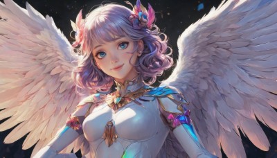 1girl,solo,breasts,looking at viewer,blush,smile,short hair,bangs,blue eyes,simple background,hair ornament,jewelry,medium breasts,closed mouth,upper body,pink hair,earrings,wings,medium hair,lips,bodysuit,feathers,black background,gem,feathered wings,skin tight,angel wings,pink lips,white wings,angel,purple hair,flower,hair flower,eyelashes,light purple hair,backlighting,nose,spread wings