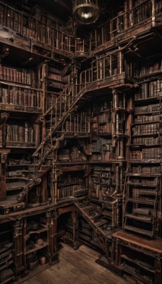 monochrome,indoors,book,no humans,chair,table,scenery,lantern,wooden floor,stairs,railing,bookshelf,lamp,sepia,shelf,library,ceiling,ladder,brown theme,solo,clock,book stack,chandelier,loaded interior