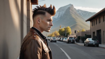 solo,short hair,brown hair,black hair,1boy,closed mouth,jacket,upper body,male focus,multicolored hair,outdoors,sky,day,uniform,from side,two-tone hair,tree,profile,ground vehicle,building,motor vehicle,brown jacket,mountain,realistic,nose,car,road,leather,undercut,house,street,leather jacket,mohawk,truck,jewelry,earrings,cloud,signature,tattoo,piercing,spiked hair,ear piercing,stud earrings