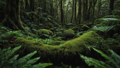 outdoors,day,tree,no humans,leaf,traditional media,sunlight,grass,plant,nature,scenery,forest,rock,green theme,moss