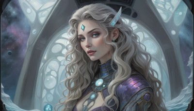 1girl,solo,long hair,breasts,looking at viewer,blue eyes,blonde hair,hair ornament,cleavage,jewelry,medium breasts,upper body,grey hair,earrings,parted lips,sky,armor,lips,clothing cutout,window,makeup,wavy hair,facial mark,cleavage cutout,gem,star (sky),starry sky,red lips,space,forehead jewel,lipstick,portrait,curly hair,realistic,nose