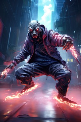 solo,looking at viewer,red eyes,gloves,1boy,holding,jacket,weapon,male focus,outdoors,open clothes,sky,pants,hood,holding weapon,open jacket,gun,hoodie,mask,glowing,fire,knife,building,glowing eyes,hooded jacket,city,cyborg,gas mask,cyberpunk,black gloves,black pants,squatting,motor vehicle