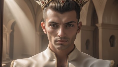 solo,looking at viewer,short hair,black hair,1boy,brown eyes,closed mouth,male focus,indoors,blurry,blurry background,facial hair,crown,portrait,beard,realistic,mustache,hair slicked back,wrinkled skin,scar,chest hair