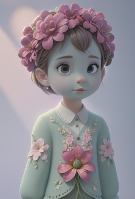 1girl,solo,looking at viewer,short hair,blue eyes,simple background,brown hair,shirt,hair ornament,long sleeves,jewelry,closed mouth,upper body,flower,earrings,hair flower,grey background,lips,buttons,floral print,child,pink flower,freckles,female child,head wreath,green eyes,blurry,eyelashes,realistic