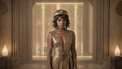 1girl,solo,breasts,looking at viewer,smile,short hair,bangs,brown hair,black hair,dress,bare shoulders,brown eyes,jewelry,closed mouth,standing,collarbone,small breasts,sleeveless,indoors,dark skin,bracelet,dark-skinned female,lips,realistic,arms at sides,sepia,pillar,statue,egyptian,egyptian clothes,earrings