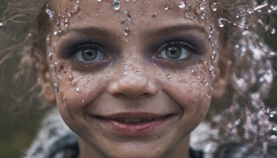 1girl,solo,looking at viewer,smile,open mouth,blonde hair,brown hair,brown eyes,green eyes,parted lips,teeth,water,blurry,lips,eyelashes,portrait,close-up,freckles,bubble,water drop,realistic,nose,grin