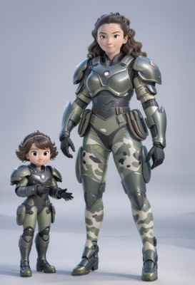 long hair,looking at viewer,smile,short hair,multiple girls,brown hair,black hair,gloves,2girls,brown eyes,closed mouth,standing,full body,boots,black gloves,grey background,armor,black eyes,lips,bodysuit,wavy hair,shoulder armor,child,science fiction,pouch,breastplate,height difference,knee pads,animification,camouflage,open hands,simple background,hairband,mole,gauntlets,mole under mouth,freckles,pauldrons,armored boots,power armor