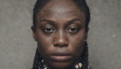 1girl,solo,long hair,looking at viewer,black hair,jewelry,closed mouth,braid,earrings,dark skin,grey background,necklace,mole,black eyes,dark-skinned female,lips,dark-skinned male,portrait,mole under mouth,realistic,very dark skin,dreadlocks,1boy,male focus,collar,close-up,curly hair