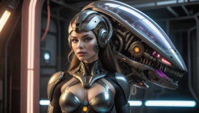 HQ,1girl,solo,long hair,breasts,looking at viewer,blue eyes,brown hair,cleavage,brown eyes,medium breasts,upper body,parted lips,teeth,armor,blurry,lips,bodysuit,headgear,cleavage cutout,helmet,robot,science fiction,realistic,nose,cyborg,alien,power armor,breasts apart