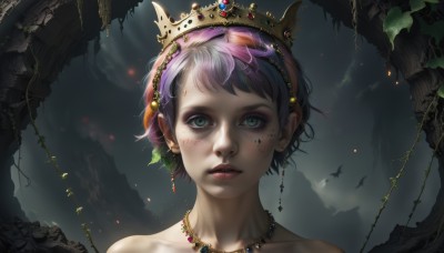 1girl,solo,looking at viewer,short hair,bangs,hair ornament,bare shoulders,jewelry,green eyes,collarbone,purple hair,multicolored hair,earrings,outdoors,parted lips,sky,artist name,cloud,necklace,lips,eyelashes,makeup,bird,leaf,facial mark,tiara,crown,plant,gem,portrait,freckles,realistic,vines,mascara,pink hair,scenery,facepaint