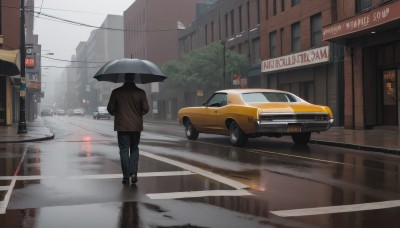 1girl,solo,shirt,black hair,long sleeves,holding,standing,jacket,outdoors,shoes,day,pants,from behind,black footwear,tree,umbrella,denim,ground vehicle,building,scenery,motor vehicle,reflection,walking,rain,jeans,holding umbrella,city,sign,blue pants,car,road,vehicle focus,lamppost,street,puddle,sports car,crosswalk,1boy,male focus,sky,brown jacket,power lines,utility pole