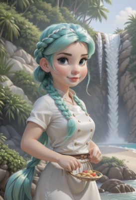 1girl,solo,long hair,breasts,looking at viewer,blush,smile,bangs,blue eyes,dress,holding,jewelry,medium breasts,very long hair,closed mouth,blue hair,standing,braid,short sleeves,cowboy shot,earrings,outdoors,food,green hair,sky,day,belt,artist name,cloud,water,white dress,twin braids,tree,blue sky,lips,eyelashes,aqua hair,buttons,fruit,watermark,thick eyebrows,hair over shoulder,web address,freckles,rock,nose,basket,red lips,double-breasted,stud earrings,river,waterfall,deviantart username,plant,nature,stream