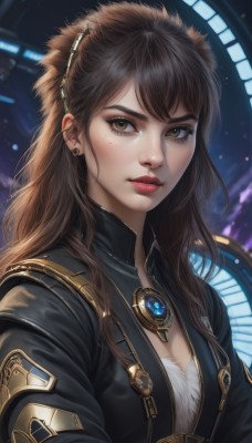 1girl,solo,long hair,breasts,looking at viewer,bangs,brown hair,hair ornament,cleavage,brown eyes,jewelry,medium breasts,upper body,earrings,artist name,necklace,mole,lips,eyelashes,mole under eye,makeup,freckles,realistic,nose,red lips,closed mouth,jacket,black jacket,lipstick,gem