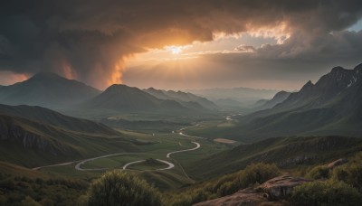 outdoors,sky,cloud,tree,no humans,sunlight,cloudy sky,grass,fire,ground vehicle,nature,scenery,forest,smoke,sunset,light rays,mountain,sun,road,river,landscape,mountainous horizon,hill,water,horizon