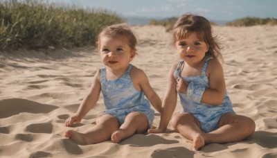 1girl,long hair,looking at viewer,smile,short hair,blue eyes,multiple girls,brown hair,1boy,dress,2girls,brown eyes,sitting,closed mouth,full body,outdoors,shorts,barefoot,sleeveless,day,blurry,feet,toes,blurry background,siblings,beach,child,realistic,sand,female child,on ground,dirty,dirty feet,open mouth,holding,sky,ocean,bandaid,bandaid on face,indian style,male child,bandaid on nose,baby