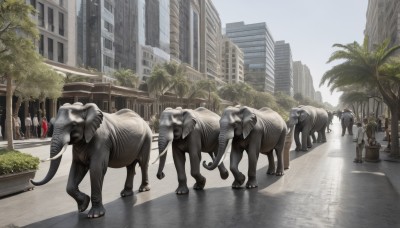 outdoors,sky,day,tree,no humans,plant,ground vehicle,building,scenery,motor vehicle,reflection,walking,dog,city,realistic,car,road,horse,street,crosswalk,multiple boys,animal,monster,riding,statue,oversized animal,cow,elephant