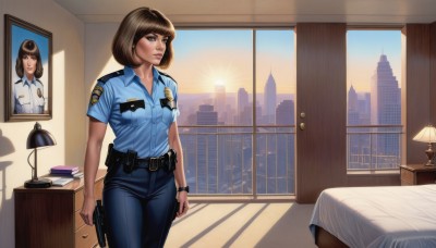 1girl,solo,breasts,short hair,bangs,brown hair,shirt,brown eyes,medium breasts,closed mouth,standing,weapon,short sleeves,cowboy shot,sky,collared shirt,belt,pants,indoors,uniform,lips,gun,looking to the side,pillow,window,bed,shadow,chair,looking away,table,sunlight,bob cut,blue shirt,curtains,building,holding gun,desk,handgun,pocket,sunset,pouch,city,nose,arms at sides,sun,blue pants,lamp,cityscape,holster,wall,photo (object),bedroom,badge,belt pouch,police,police uniform,skyscraper,poster (object),policewoman,blinds,desk lamp,walkie-talkie,book,watch,realistic,wristwatch