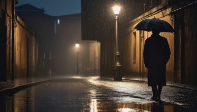 1girl,solo,1boy,holding,standing,male focus,outdoors,sky,blurry,coat,night,umbrella,building,scenery,1other,reflection,walking,rain,holding umbrella,city,hands in pockets,silhouette,light,road,dark,lamppost,street,puddle,water,from behind,black footwear,depth of field,blurry background,wide shot,black umbrella