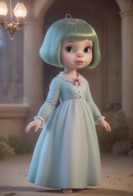 1girl,solo,looking at viewer,short hair,bangs,long sleeves,dress,closed mouth,standing,full body,multicolored hair,outdoors,green hair,barefoot,blunt bangs,blurry,black eyes,lips,depth of field,blurry background,blue dress,brooch,child,female child,green eyes,nail polish,watermark,realistic