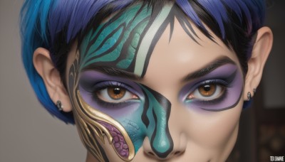 1girl,solo,looking at viewer,short hair,brown eyes,jewelry,blue hair,earrings,artist name,blurry,eyelashes,makeup,mask,piercing,ear piercing,portrait,close-up,eyeshadow,eyeliner,mascara,cyberpunk,eye focus,bangs,black hair,purple hair,multicolored hair,orange eyes,tattoo,blurry background,watermark,web address,realistic,stud earrings