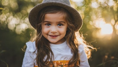 1girl,solo,long hair,looking at viewer,smile,blue eyes,brown hair,shirt,hat,white shirt,upper body,outdoors,parted lips,blurry,lips,depth of field,blurry background,sun hat,realistic,straw hat,open mouth,bangs,long sleeves,brown eyes,teeth,bokeh