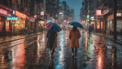 multiple girls, holding, 2girls, outdoors, pants, dutch angle, night, umbrella, building, scenery, reflection, walking, rain, holding umbrella, city, sign, road, street, puddle, neon lights, crosswalk