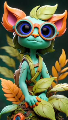 1girl,solo,looking at viewer,smile,short hair,blue eyes,1boy,holding,animal ears,closed mouth,standing,collarbone,upper body,flower,male focus,outdoors,green hair,glasses,sleeveless,artist name,signature,bag,blurry,flat chest,:3,depth of field,blurry background,leaf,backpack,plant,goggles,furry,green background,round eyewear,furry female,tinted eyewear,deer ears,simple background,shirt,bare shoulders,alternate costume,looking back,from behind,gradient,gradient background,sleeveless shirt,colored skin,watermark,happy,sunglasses,web address,red-framed eyewear,shoulder bag,green shirt,overalls,green skin,animal nose,green-framed eyewear