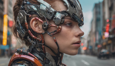 1girl, solo, short hair, brown hair, outdoors, day, blurry, from side, lips, grey eyes, profile, depth of field, blurry background, freckles, science fiction, realistic, nose, cable, cyberpunk