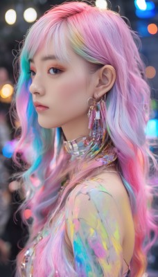 1girl,solo,long hair,looking at viewer,bangs,bare shoulders,jewelry,closed mouth,upper body,pink hair,multicolored hair,earrings,necklace,blurry,black eyes,from side,two-tone hair,lips,eyelashes,gradient hair,makeup,depth of field,blurry background,piercing,eyeshadow,realistic,nose,bokeh,blue eyes,artist name,looking to the side,watermark,wavy hair,gem