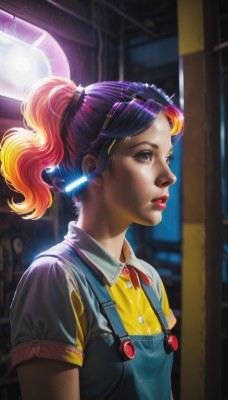 1girl,solo,breasts,blue eyes,shirt,hair ornament,purple eyes,upper body,ponytail,purple hair,short sleeves,red hair,multicolored hair,small breasts,parted lips,collared shirt,artist name,indoors,orange hair,blurry,from side,two-tone hair,lips,eyelashes,gradient hair,makeup,buttons,blurry background,watermark,looking away,high ponytail,lipstick,eyewear on head,eyeshadow,freckles,yellow shirt,realistic,nose,red lips,overalls,long hair,bangs,blonde hair,jewelry,blue hair,earrings,glasses,teeth,signature,profile,glowing,sunlight,sunglasses,looking up,wing collar,backlighting,hair tie,light,cable,looking afar,mascara,blue overalls