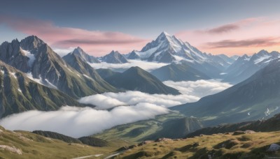 outdoors,sky,day,cloud,tree,blue sky,no humans,cloudy sky,grass,nature,scenery,snow,rock,mountain,landscape,mountainous horizon,hill,bird,sunset